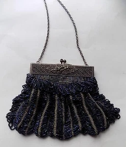 Antique Purple Blue Carnival Glass Beaded Purse Flapper Era Bag - Picture 1 of 6