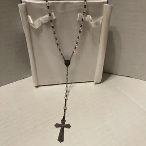 Vintage klare Perlen katholischer Rosenkranz mit Kruzifix & Maria Jesus Mitte Medaille - Bild 1 von 6