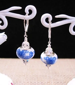 Nice Sterling Silver Blue & White Ceramic, Crystal Asian Lever Back Earrings F78 - Picture 1 of 2