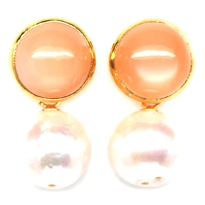 925 Plata de Ley 18K Chapado en Oro 10 Mm. Perla Blanca & Piedra Luna Pendientes - Imagen 1 de 4