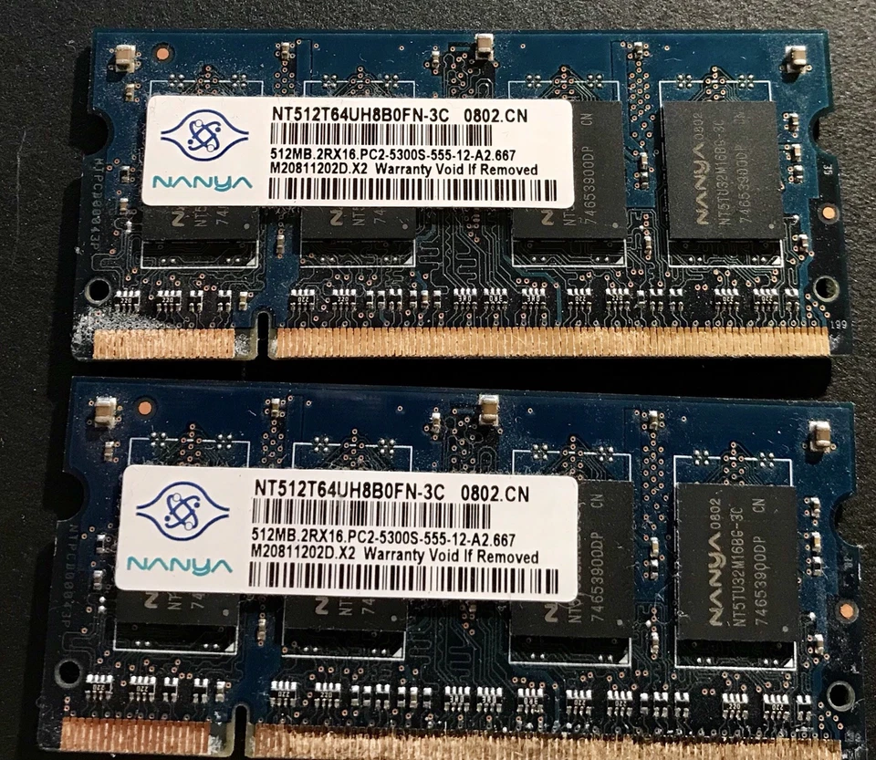 1GB Nanya (2x512MB) PC2-5300 DDR2 667MHz SODIMM RAM Memory NT512T64UH8B0FN-3C - Image 1 of 1