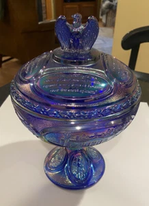 Fenton Blue Carnival Glass Bicentennial Covered Compote Candy Dish Eagle Finial - Picture 1 of 19