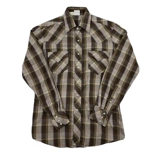 Vintage Kennington Mens Western Wear Brown Plaid Long Sleeve Pearl Snap Shirt M - Picture 1 of 10