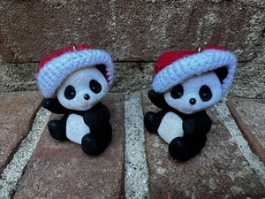 Vintage Hallmark Christmas Ornaments Set of 2 Flocked Panda Bears Santa Hat 1986 - Picture 1 of 7