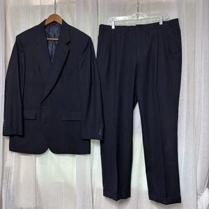 Hart Schaffner Marx 44S Navy Pinstriped USA Wool Mens Suit - Picture 1 of 21