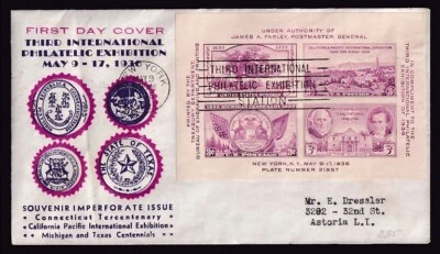 US #778 THIRD INTERNATIONAL PHILATELIC EXHIB SOUVENIR SHEET 1ST DAY COVER 1936 - Image 1 of 2