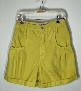 VTG 80s Hip Hop Yellow Denim Shorts High Waist Pleated Cuffed SEE FLAWS - Picture 1 of 15