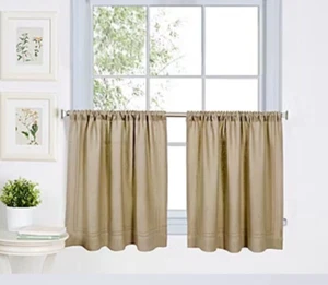 Elrene Home Fashions Marin 2 PC Rod Pocket Window Tier Linen Rayon Blend Neutral - Picture 1 of 4
