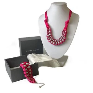 Oliver Bonas Pink Ribbon with Blue Beads Necklace & Bracelet Set - Picture 1 of 4