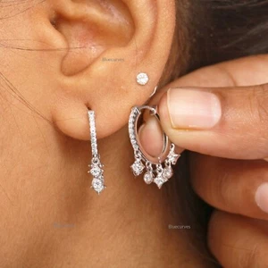 Princess & Round Cut Natural Diamond Drop Hoops Earrings in Solid14k Yellow Gold - Picture 1 of 15