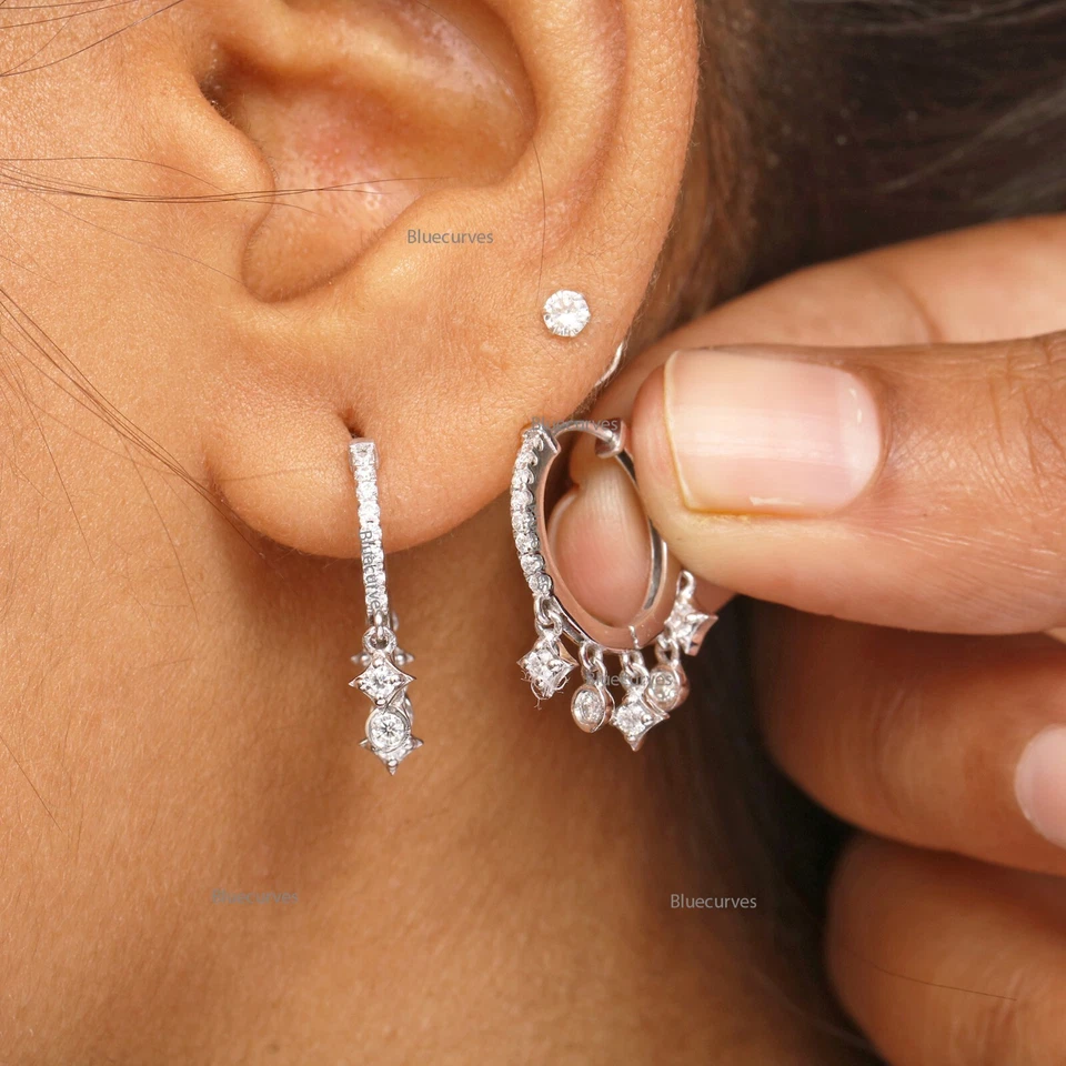 Princess & Round Cut Natural Diamond Drop Hoops Earrings in Solid14k Yellow Gold - Image 1 of 4