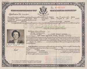 1927 EINBÜRGERUNGSBESCHEINIGUNG - JANET STEWART BACHLER - CHICAGO ILLINOIS - Bild 1 von 2
