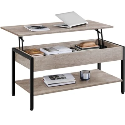 Table Basse Relevable avec Compartiment Caché en Bois/Métal 104,5× 49,5×47 cm - Photo 1/4