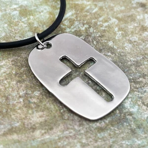 Cross Tag Rhodium Metal Finish Pendant (g2-rhd) Black Cord Necklace - Picture 1 of 3