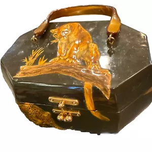VINTAGE LION TIGER LEOPARD BLK DECOUPAGE WOOD RETRO HANDBAG PURSE BOHO 9x6x5” - Picture 1 of 9