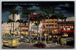 A644 Vintage Postkarte Nachtansicht der Plaza San Diego Kalifornien U-Bahn Bus alte Autos - Bild 1 von 2