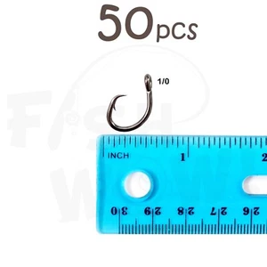 Fish WOW!® 50 Stück Größe 1/0 Angeln 4x stark Offset Circle Haken kurzer Schaft scharf - Bild 1 von 2