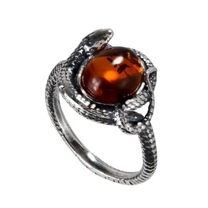 GIA Certified Sterling Silver and Baltic Honey Amber Snake Ring - Picture 1 of 7