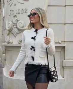 NWT ZARA Bows Knit Cardigan Ecru White/black 9598/139 Size S - Picture 1 of 10