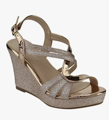 Forever Rose Gold Glitter Wedge Sandals Sz 8 Platform Strappy Metallic 4” Heels - Image 1 of 4