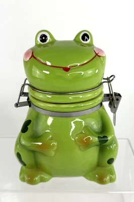Estatuilla de rana de cerámica verde de 6,5" bote con bisagras golosinas Boston Warehouse Foto 1 de 4