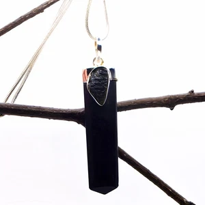 Moldavite Black Tourmaline Point 925 Silver Pendant Natural Crystals Protection - Picture 1 of 9