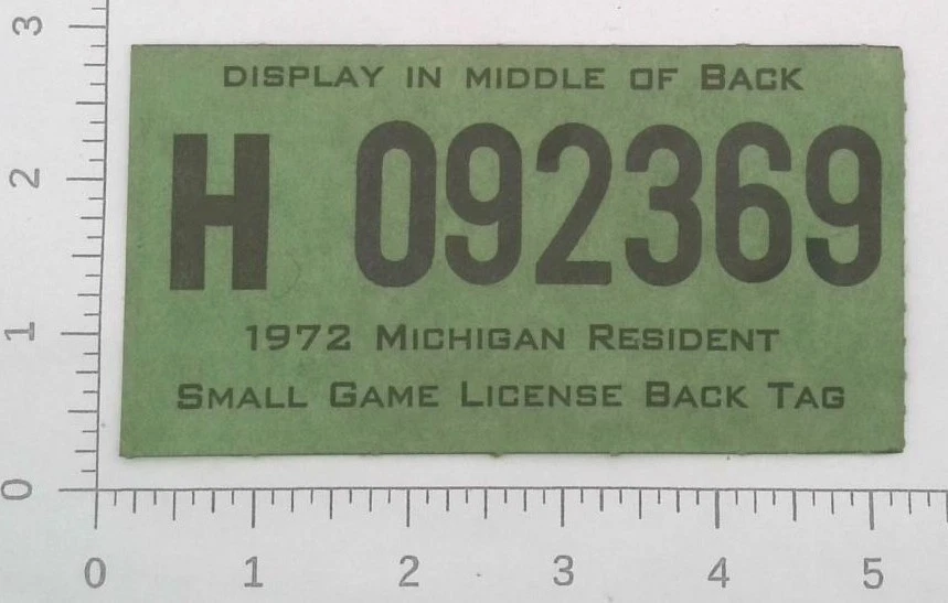 Michigan Resident 1972 caza pequeña licencia etiqueta trasera Foto 1 de 1