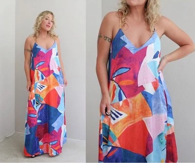 Новый с Ярлыками Nicole Miller NY абстрактный печать атласная подвеска макси платье Sz M - Изображение 1 из 4