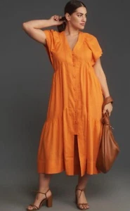 Anthropologie Midi Dress Orange Reneé Flutter Sleeve Linen Button Front Sz L NWT - Picture 1 of 12