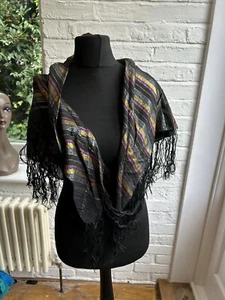 Vintage 1970s Black With Metallic Print Fringed Scarf Very Stevie Nicks - Picture 1 of 2