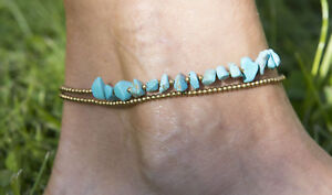 Bracelet Ankle Bahia Thread Cotton Black Pearl Brass Turquoise Bells 1110 D10
