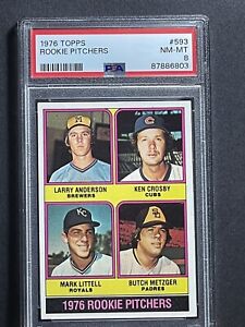 1976 Topps #593 1976 Rookie Pitchers Mark Littell, Butch Metzger PSA 8 NM-MT
