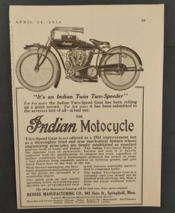 1914 Indian Motorcycle Print Ad ~ Indian Twin Two-Speeder ~ Hendee Manufacturing - Bild 1 von 7
