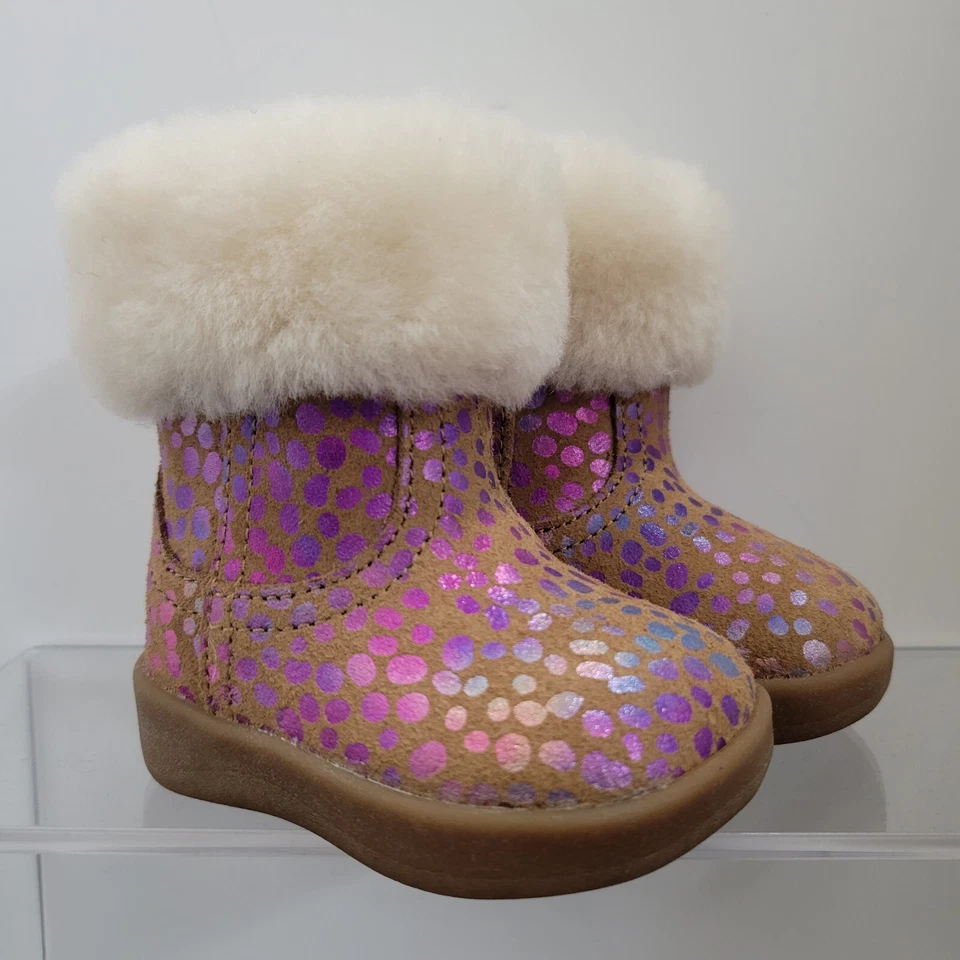 UGG Jorie II Spots Chestnut Sparkle Suede Sheep Fluff Boots Baby Shoes Size 0/1 - Image 1 of 4