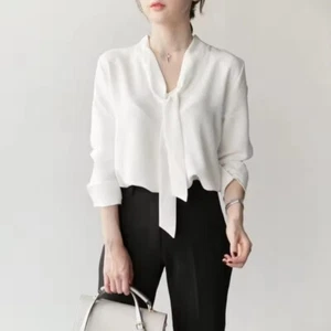 Women Style Blouses Shirts Casual Long Sleeve Bow Tie Collar Blusas Tops - Picture 1 of 9