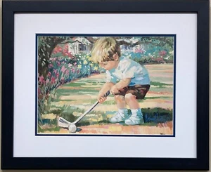 Corinne Hartley "Just Like Dad" New CUSTOM FRAMED Art Lithograph Golf Cute Kids - Picture 1 of 3