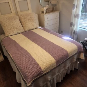 Hand Crochet Striped Lavender Ivory Afghan Throw Variegated Trim on Full Bed - Picture 1 of 5