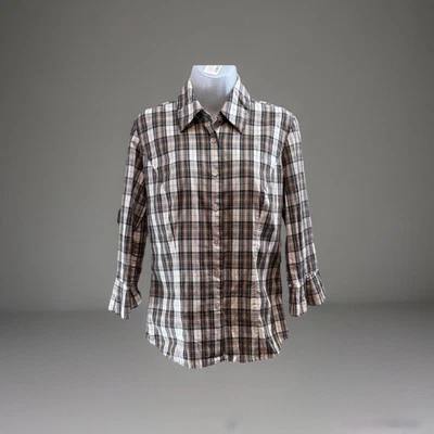 Harolds Vintage Women’s Button Down Blouse Size Medium Green Gray Plaid Ruffle - Image 1 of 4