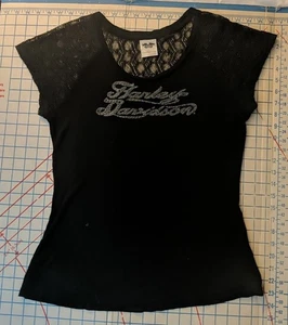 Harley Davidson T Shirt Women Size L Top Black Cotton Lace Logo Y2K - Picture 1 of 6