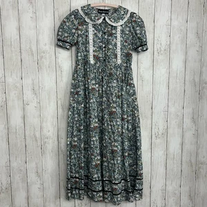 Abito midi Scarlett blu scuro floreale manica lunga pizzo orlo bottoni 8 giovani - Foto 1 di 9