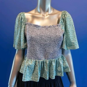 Free the Roses-Floral Smocked Top- Size M-Blues/Greens Ditsy Floral Babydoll  - Picture 1 of 14