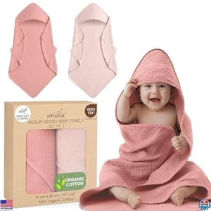 Organic Cotton Muslin Baby Hooded Towels 32x32" 2 Pack Soft Absorbent Set - Picture 1 of 6