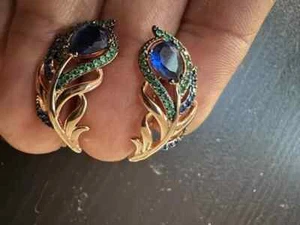 3Ct Pear Lab Created Sapphire Emarald Drop Dangle Earring 14K Yellow Gold Plated - Picture 1 of 8