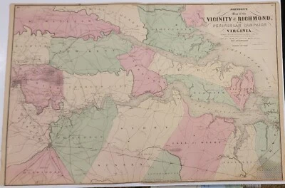 Antiguo orig. Mapa del atlas Johnson 1865 vecindad de Richmond color a mano guerra civil Foto 1 de 4