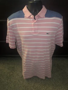 Vineyard Vines Polo Shirt Pink White Stripes Blue Shoulders Cotton Men’s Size L - Picture 1 of 5