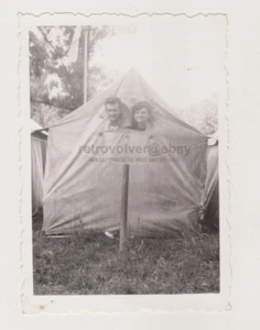 Young Couple Peek Uniquely, Heads Poking Out of Tent Unusual Snapshot Old Photo - Picture 1 of 7