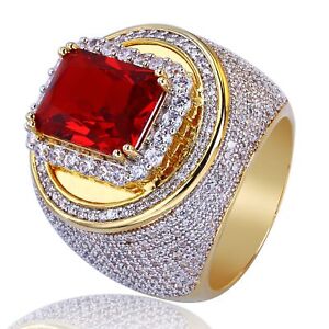 18K Yellow Gold Plated Ruby Zircon Rings Women Men Fashion Luxury Ring Size 7-12