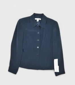 Josephine Chaus Jacket Womens 8 Navy Silk Lined Blazer Collared Button Front - Picture 1 of 7