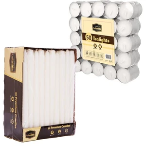 50X White Unscented Bistro Tapered Dinner CANDLES + 50 Smokeless White Tealight - Picture 1 of 7