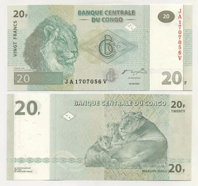 Congo Dem. Rep. 20 Francs 30-6-2003 Pick 94A UNC Uncirculated Printer G&D - Image 1 of 2